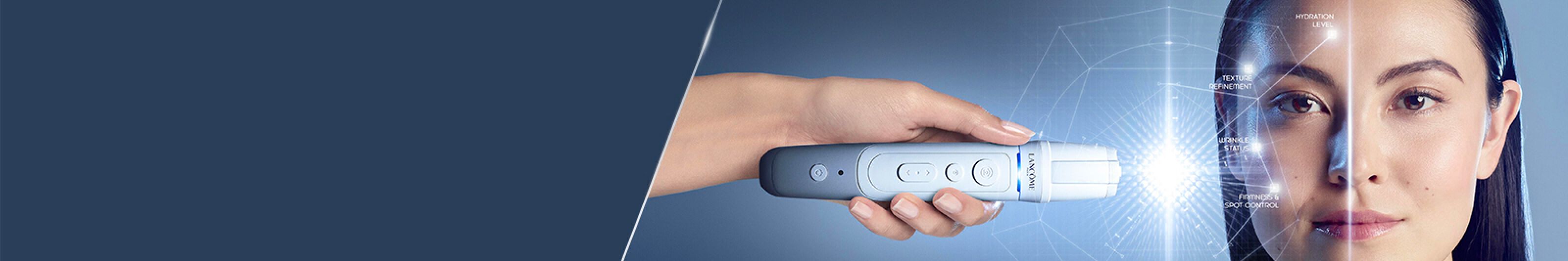 A hand holding a facial device aimed at a woman's face, with a high-tech digital interface displayed beside her.