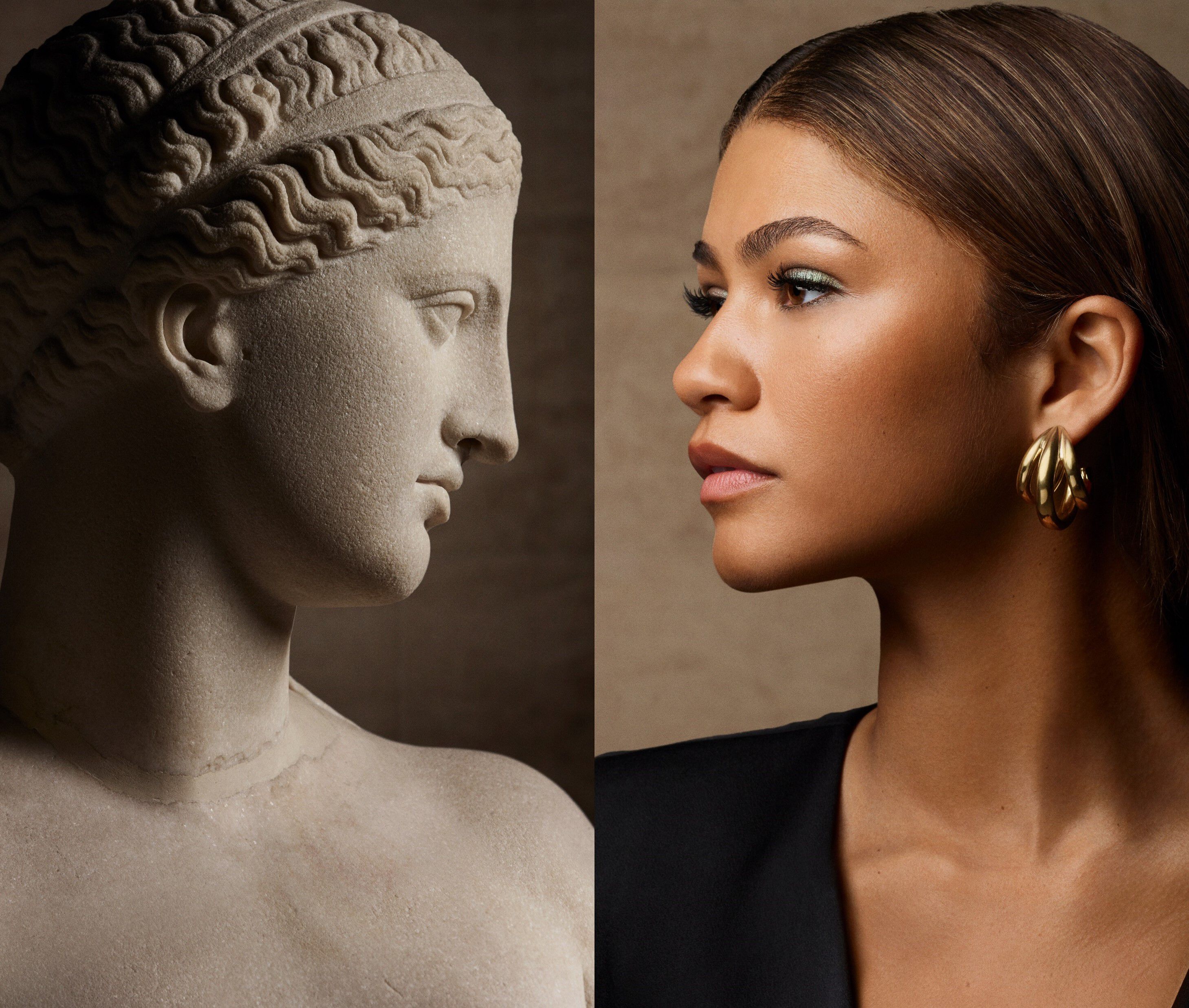 A split image featuring a close-up of a classical marble statue of a woman with a profile view on the left and a profile view of a modern woman with long hair and gold hoop earrings on the right.