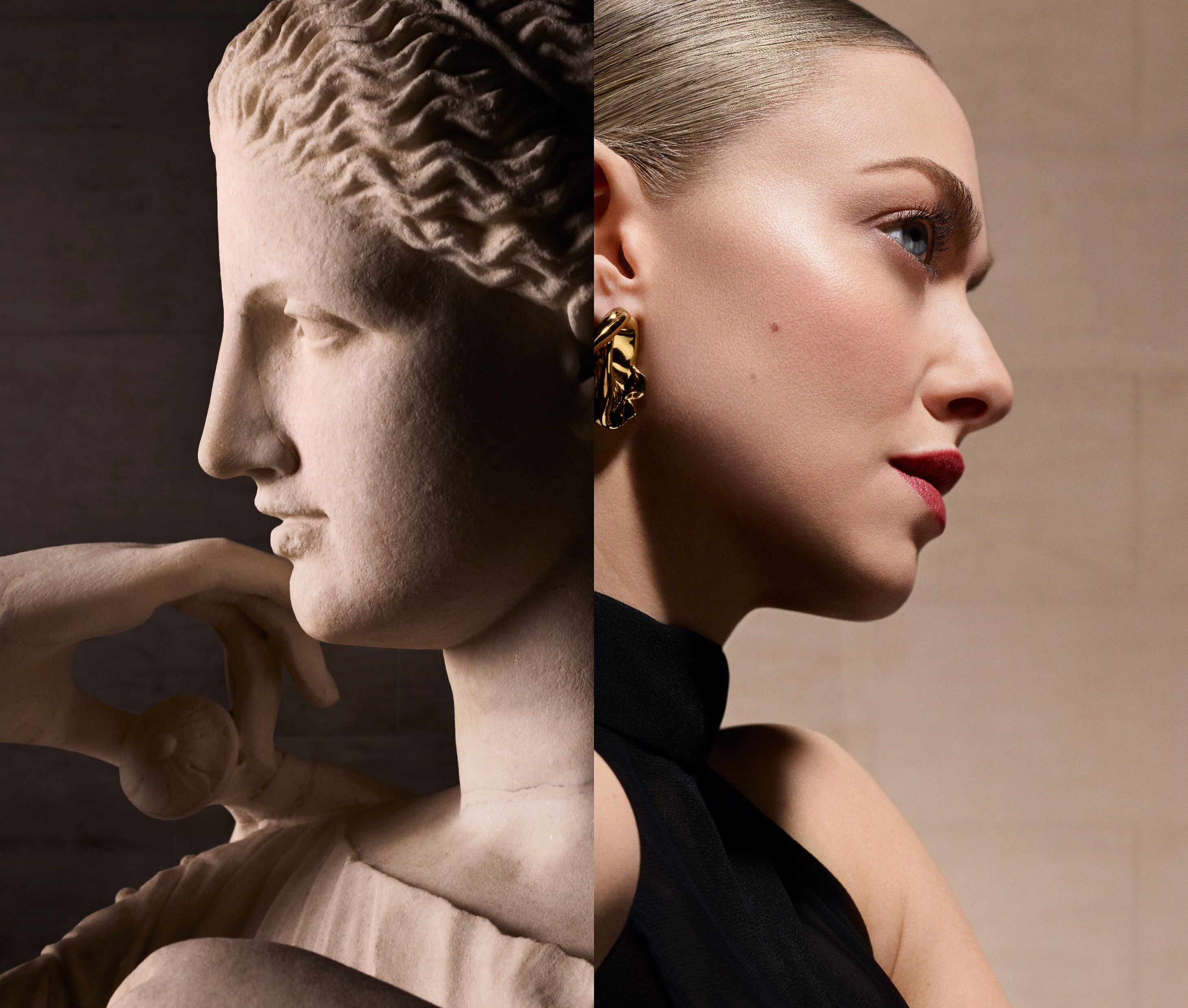 A side-by-side comparison of a classical marble sculpture of a woman and a modern portrait of a woman, highlighting their similar profiles. The sculpture depicts a thoughtful expression, while the portrait features a fashionable woman with striking makeup and accessories.