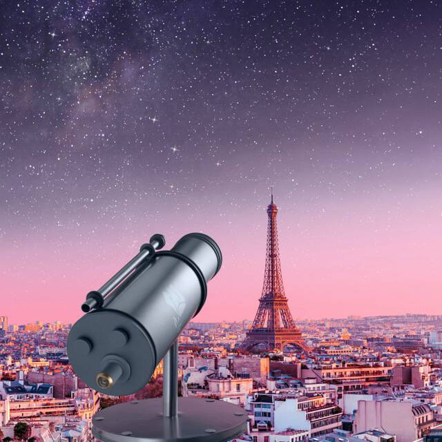 A telescope overlooking a panoramic view of a city at dusk, with a starry sky and the Eiffel Tower in the background.