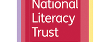 Logo of the National Literacy Trust featuring the organization's name in white text on a red background, layered with translucent colorful squares.