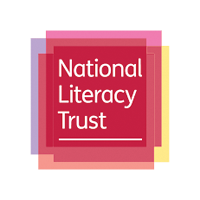 Logo of the National Literacy Trust, featuring the organization's name in white text on a vibrant red background, layered over colorful translucent squares.
