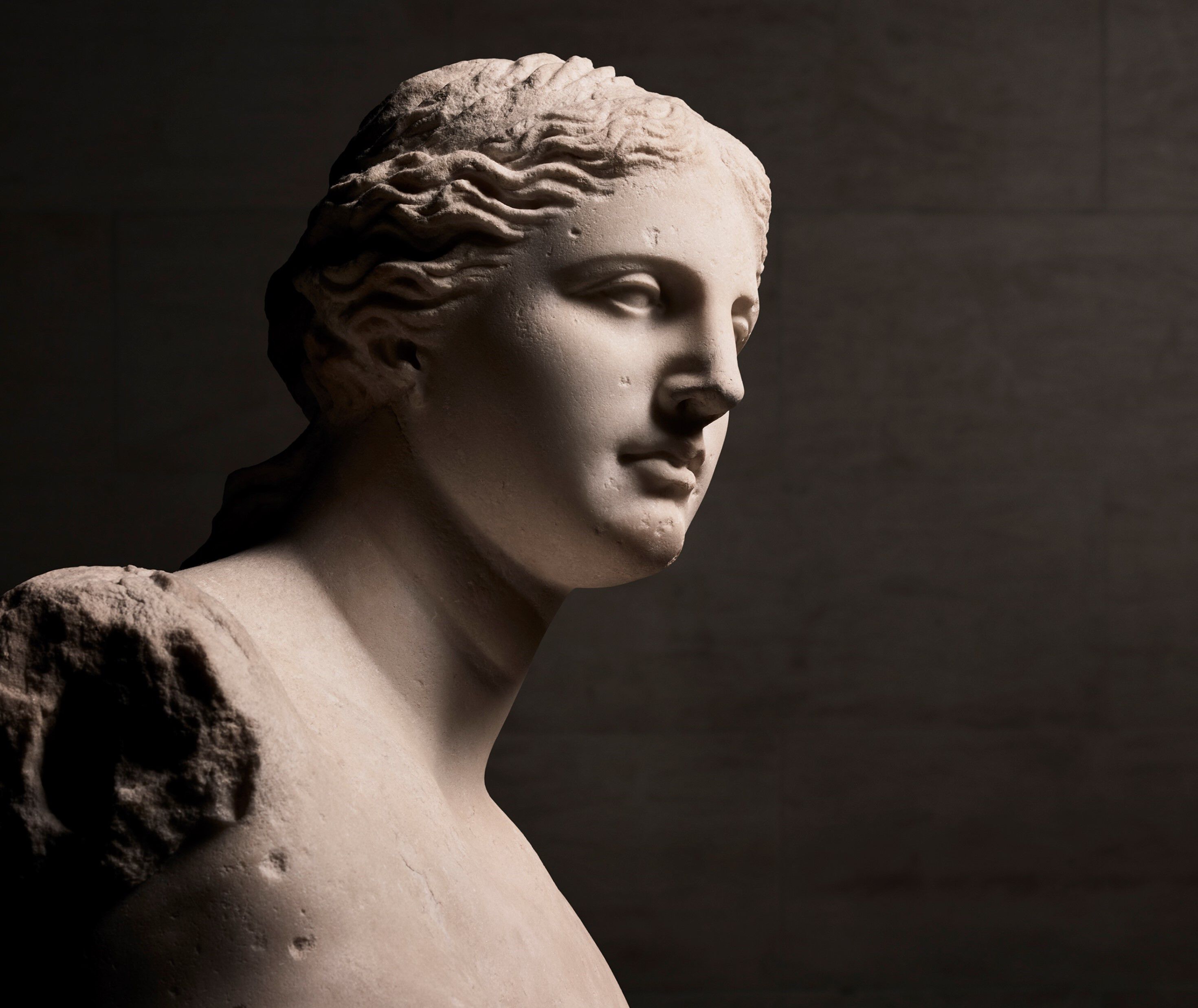 A close-up view of a classical marble bust of a woman, highlighting her profile and detailed facial features, with soft lighting emphasizing the texture of the stone.