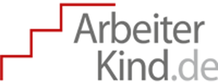 Logo of "ArbeiterKind.de," featuring the name in gray and red with a staircase graphic element.