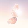 Three translucent pink crystals are stacked on top of each other, glowing softly against a light pastel background.