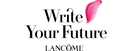 Alt text: Text graphic featuring the phrase "Write Your Future" in bold, with a pink petal design above the text, and the brand name "LANCOME" below.