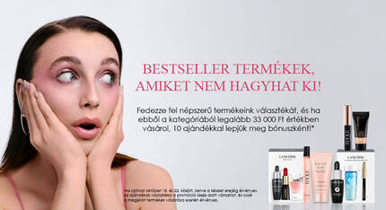 Egy nő meglepett arckifejezessel, aki sminktermekek korul all, kulonfele szepsegapolasi termekek lathatok, mig a szoveg a bestseller ajanlatokrol es akciokrol tajekoztat.