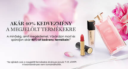 Akar 40% kedvezmeny a megjelolt termekekre, a Lancome termekeivel, rozsaszin hatterben.