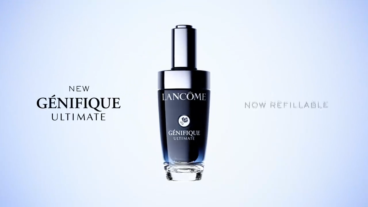 Új Lancôme Génifique Ultimate szérum, most újratölthető, elegáns üvegben.