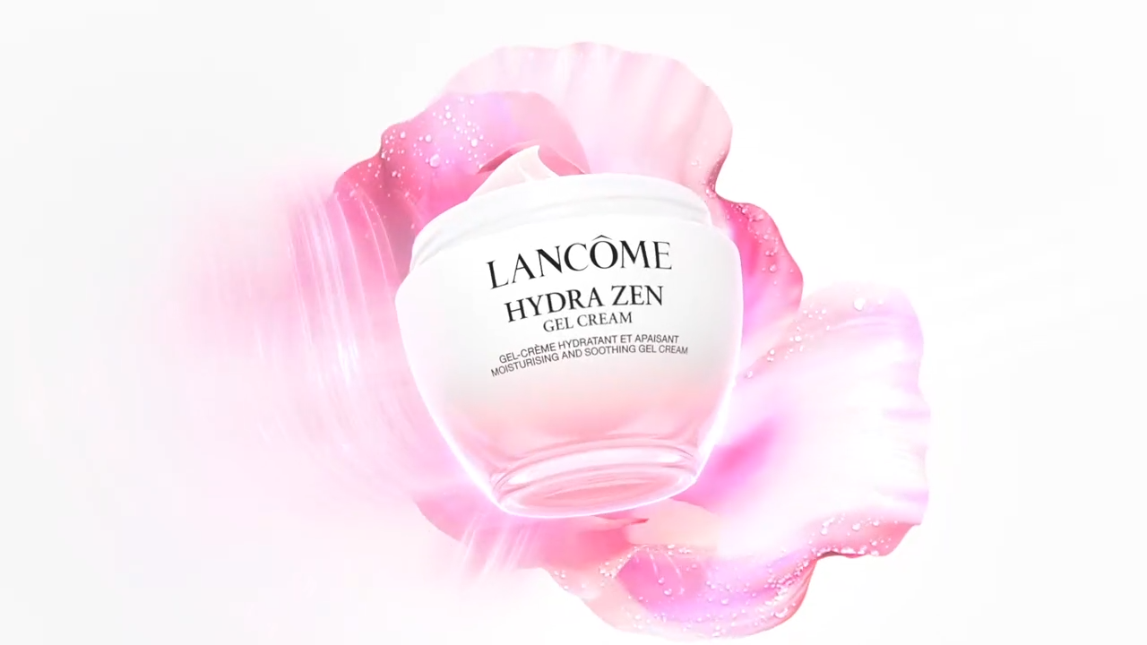 Lancôme Hydra Zen gélkrém, rózsaszín háttérrel és virágos elemekkel, hidratáló és nyugtató hatással.